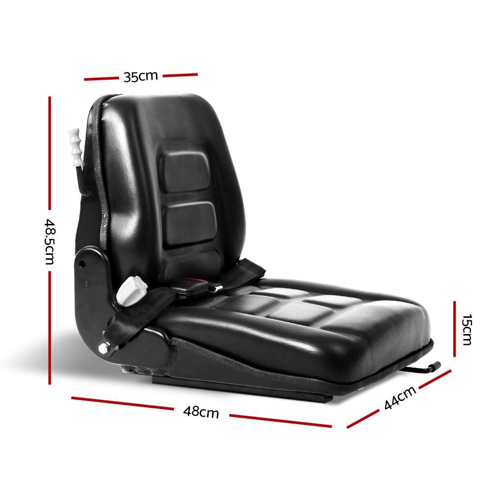 Giantz Universal Forklift Seat featuring black PU leather upholstery, adjustable backrest, and safety seat belt, designed for heavy machinery.