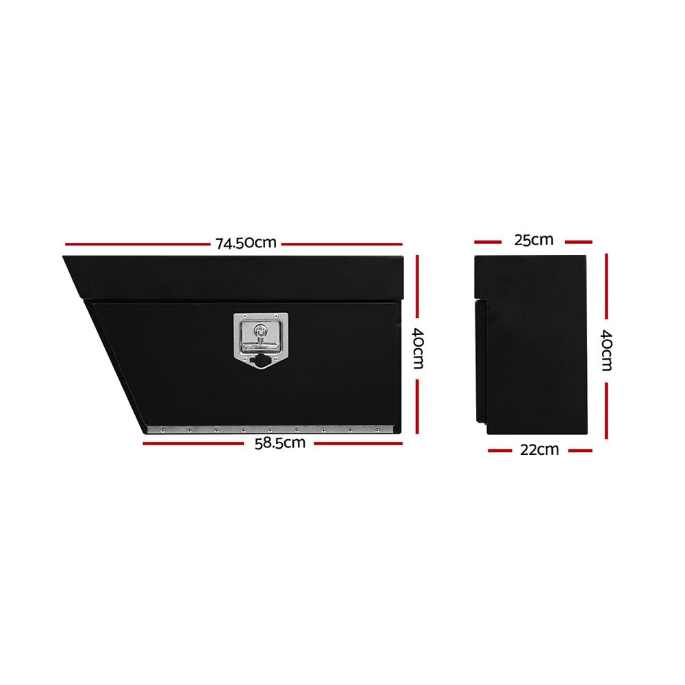 Giantz Ute Tool Box made of heavy-duty powder-coated steel, designed for under tray installation, featuring a front opening lid and T-handle lock.