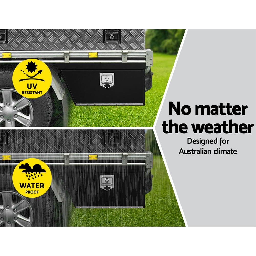 Giantz Ute Tool Box made of heavy-duty powder-coated steel, designed for under tray installation, featuring a front opening lid and T-handle lock.