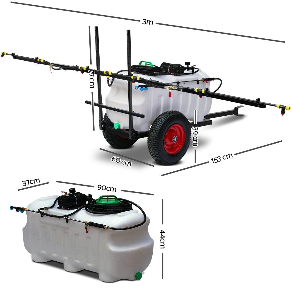 Giantz Weed Sprayer with 100L tank and trailer, featuring a foldable boom and handheld nozzle for efficient spraying.