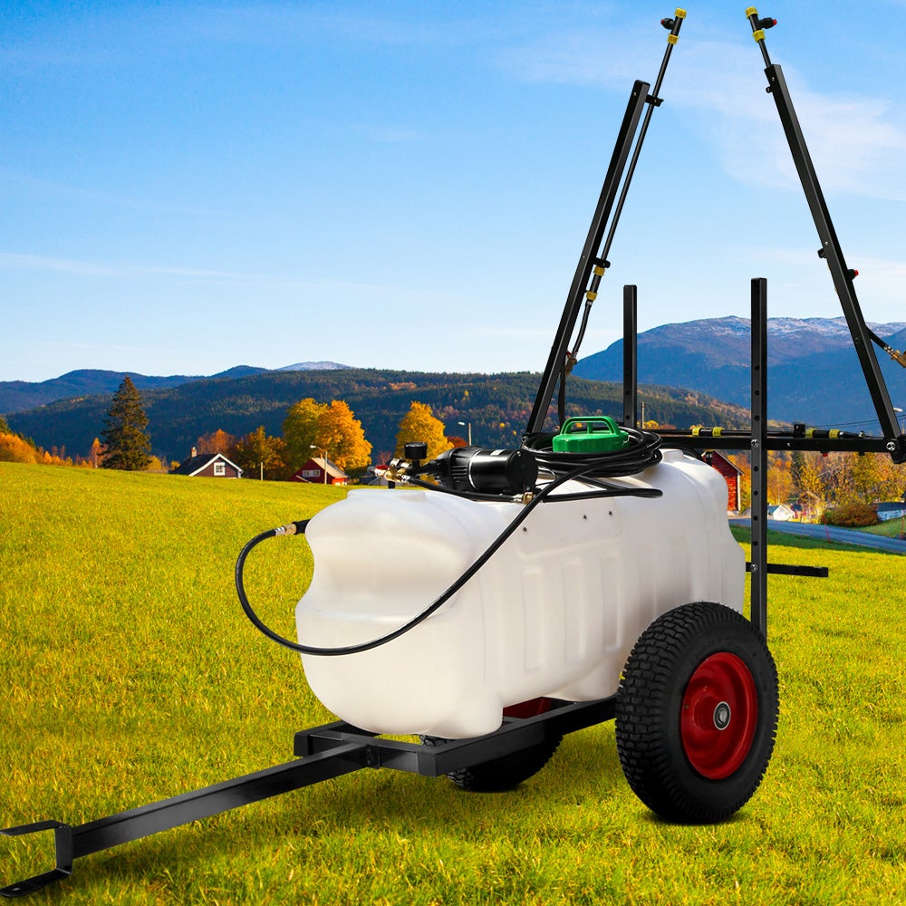 Giantz Weed Sprayer with 100L tank and trailer, featuring a foldable boom and handheld nozzle for efficient spraying.