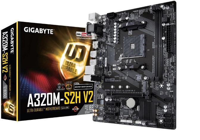 GIGABYTE A320M S2H V2 AM4 mATX motherboard with multiple ports and slots.