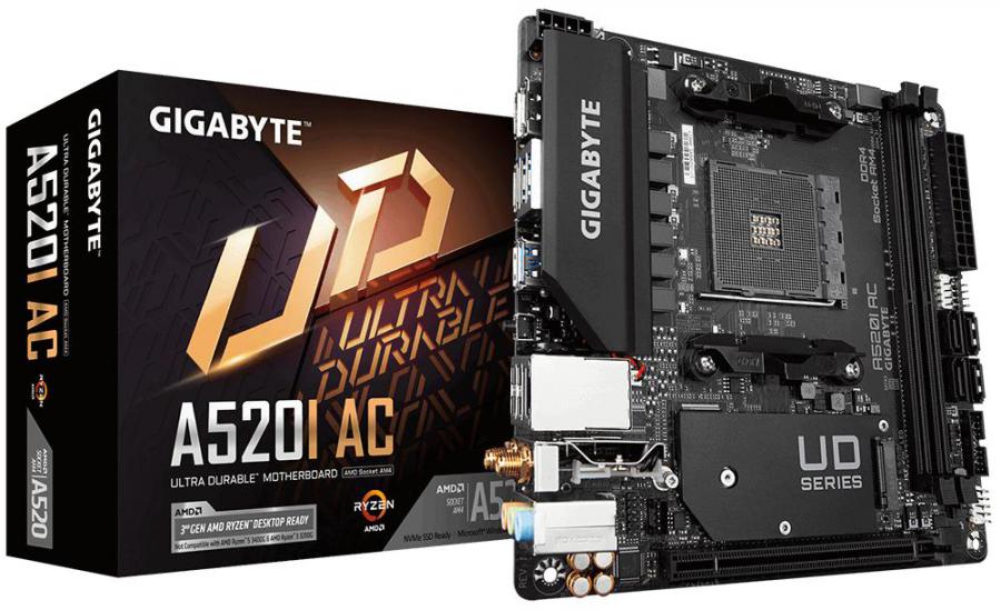 GIGABYTE A520I AC AMD Mini-ITX motherboard showcasing its compact design and multiple connectivity options.