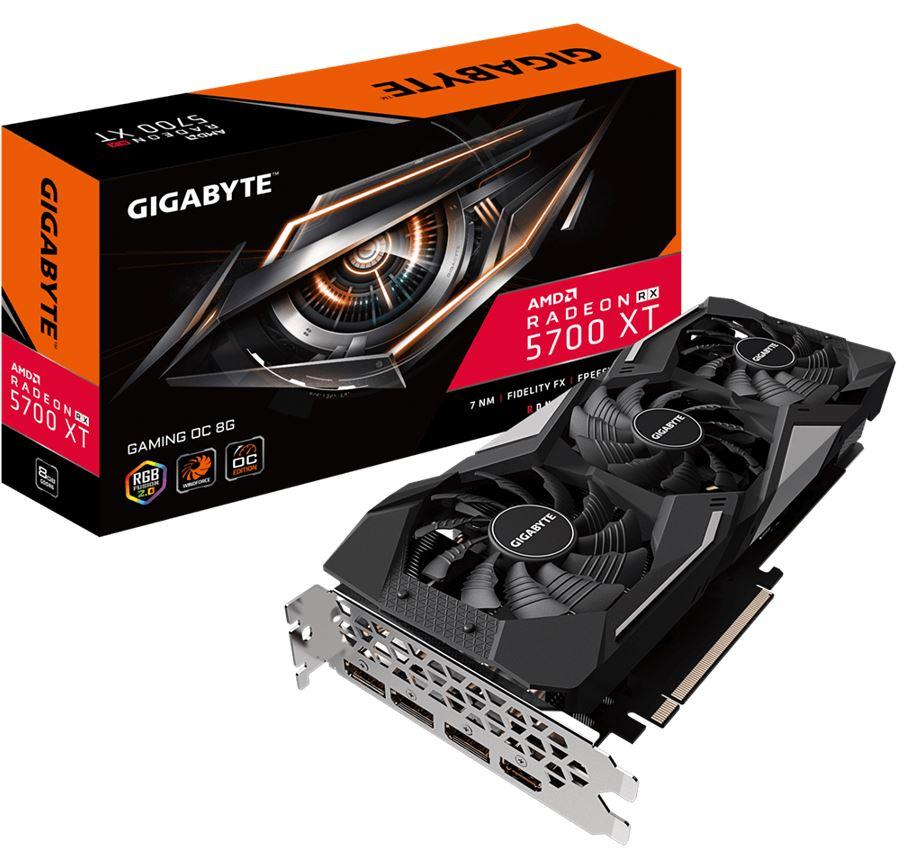 GIGABYTE AMD Radeon RX 5700 XT Gaming 8GB GDDR6 PCIe Graphic Card with RGB lighting and WINDFORCE cooling system.