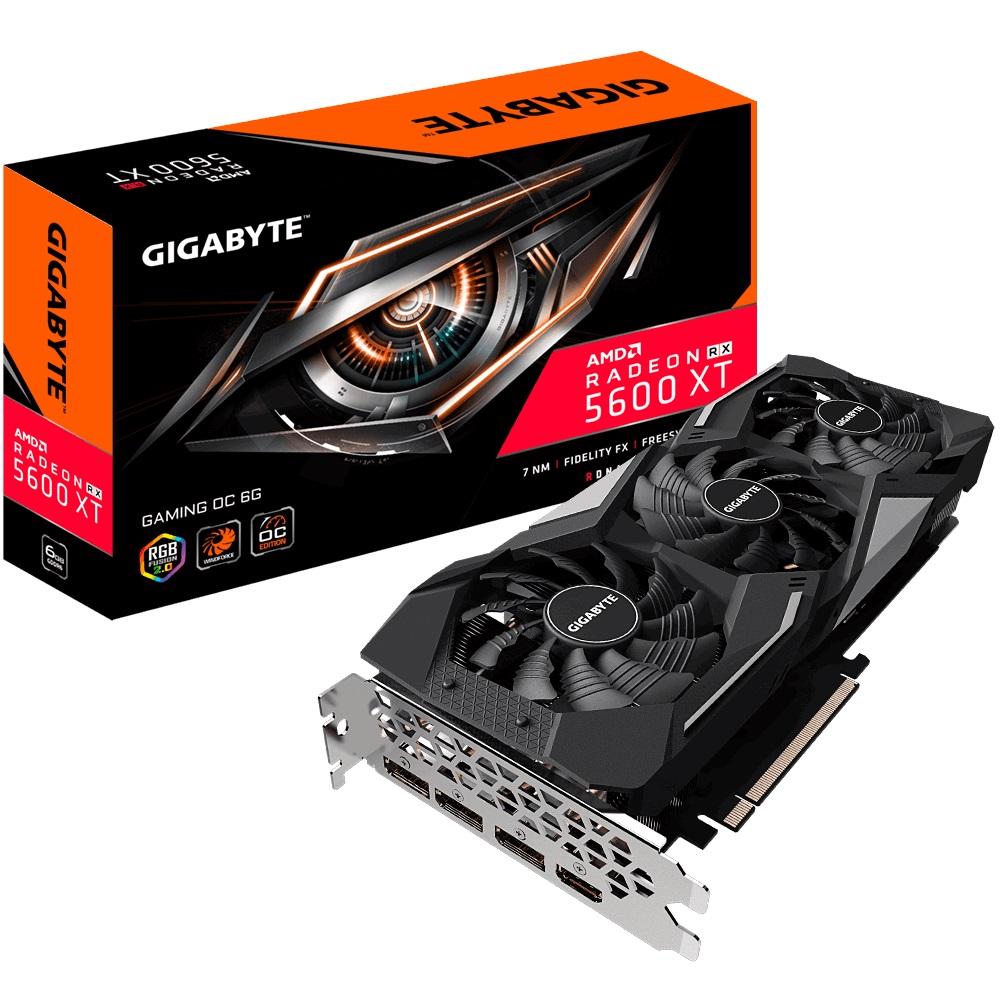 GIGABYTE AMD Radeon RX 5600 XT GAMING OC graphics card with RGB lighting and Windforce 3X cooling system.