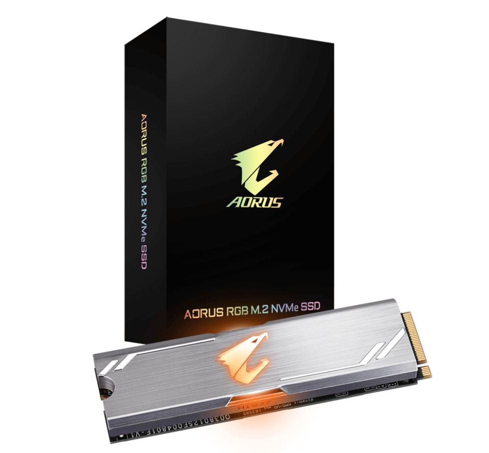 GIGABYTE AORUS RGB M.2 PCIe NVMe SSD 512GB with heatsink and RGB lighting features.