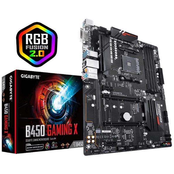 GIGABYTE B450 GAMING X AMD Ryzen Gen3 AM4 ATX Motherboard with multiple ports and RGB lighting features.