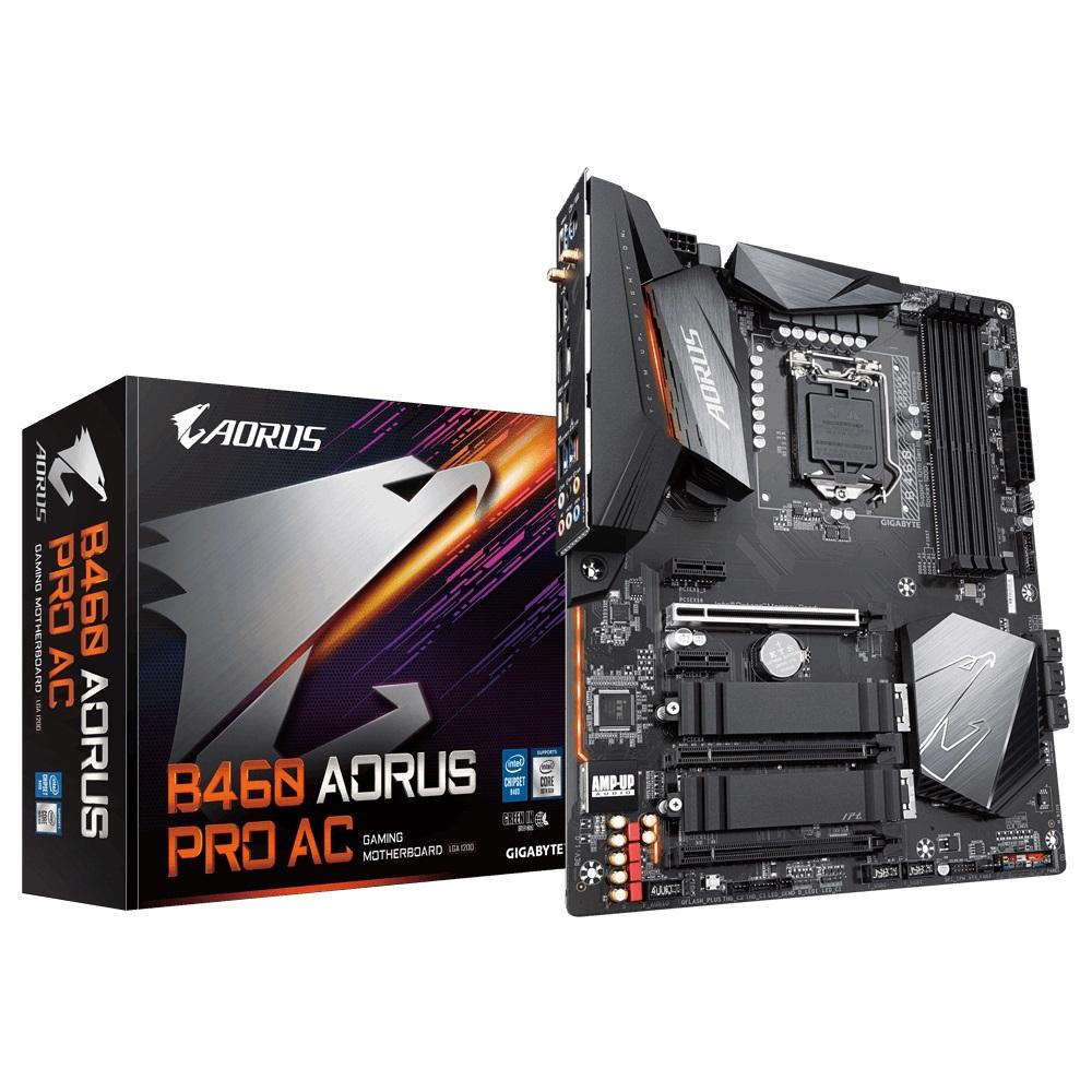 GIGABYTE B460 AORUS PRO AC ATX Motherboard showcasing its advanced features and design, including dual M.2 slots and RGB lighting.