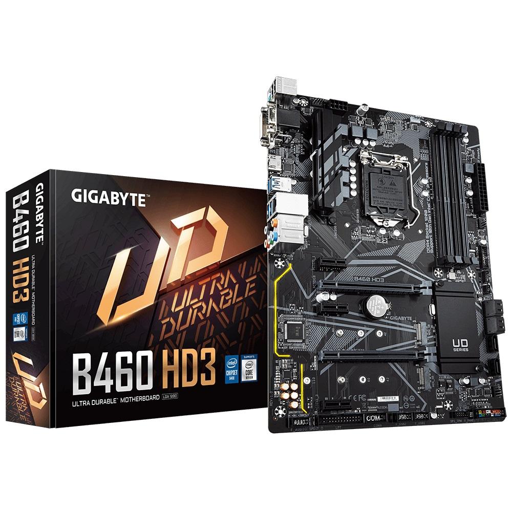 GIGABYTE B460 HD3 ATX Motherboard showcasing its features including dual M.2 slots and multiple connectivity options.