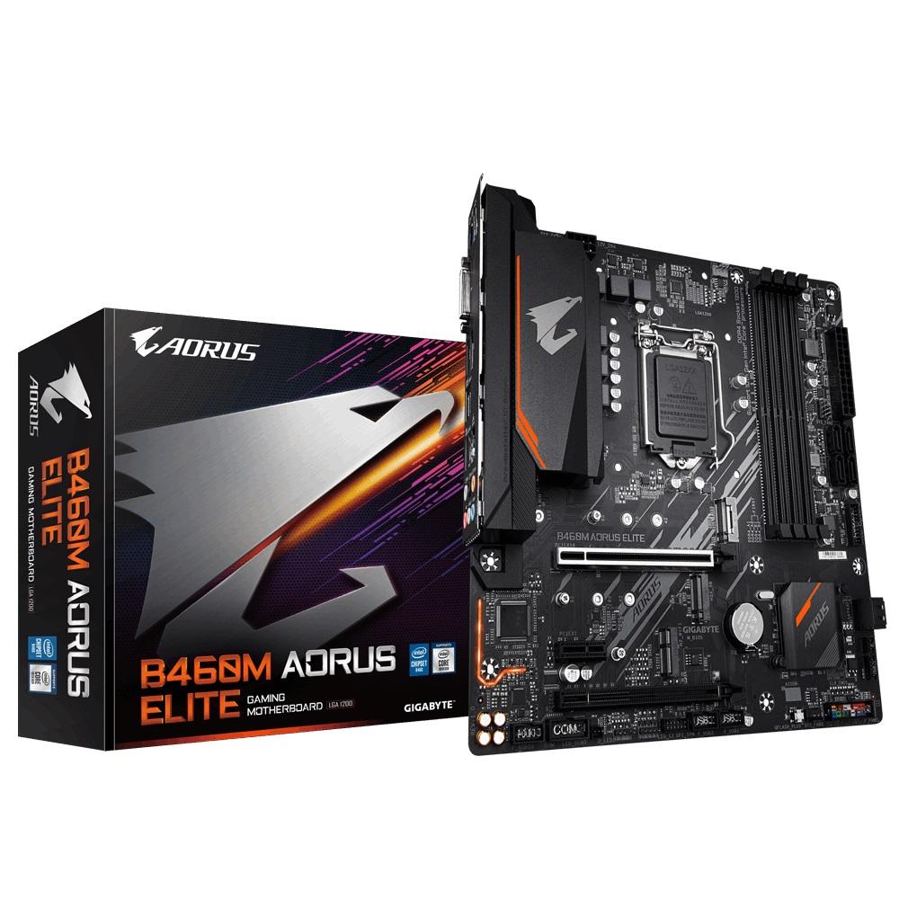 GIGABYTE B460M AORUS ELITE motherboard showcasing dual M.2 slots, RGB lighting, and advanced thermal design.