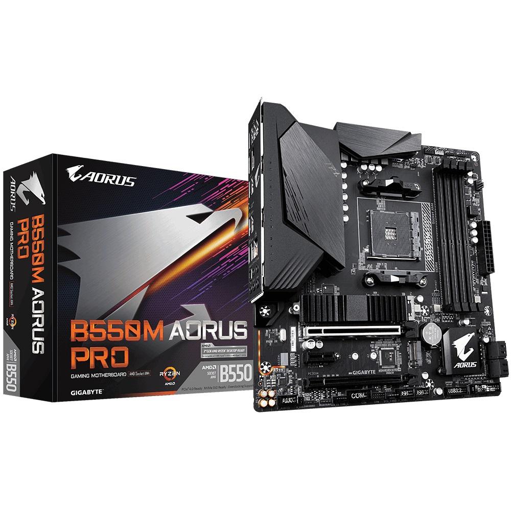 GIGABYTE B550M AORUS PRO motherboard showcasing its advanced features and design, including heatsinks and RGB lighting.