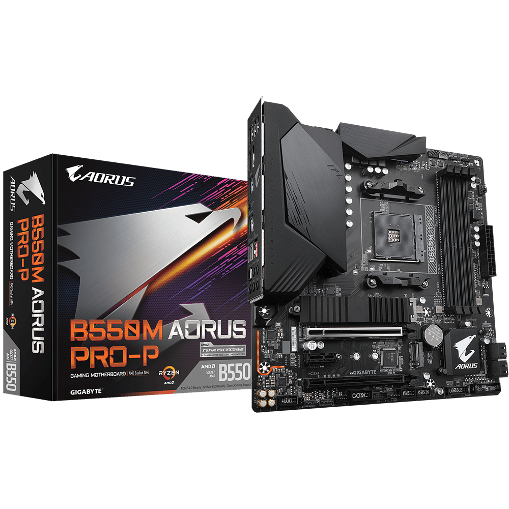 GIGABYTE B550M AORUS PRO-P AMD Ryzen M-ATX Motherboard showcasing its advanced features and design.