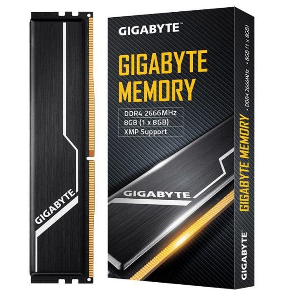 GIGABYTE Gaming Memory 8GB DDR4 2666MHz RAM module with black heatsinks, showcasing its sleek design and advanced engineering.