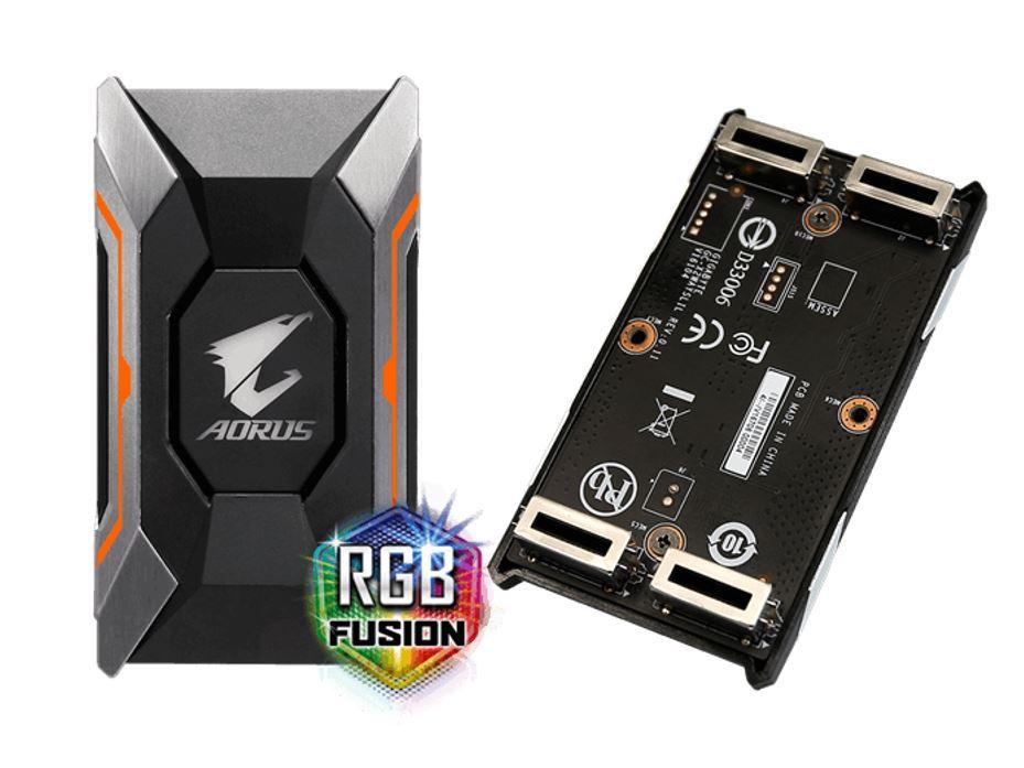 GIGABYTE GC-A2WAYSLIL RGB Aorus SLI HB bridge with customizable RGB lighting, designed for NVIDIA GTX 10 series graphics cards.