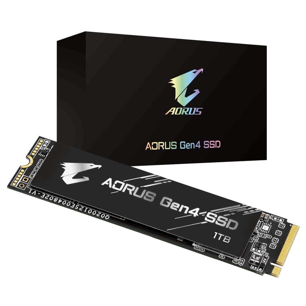 GIGABYTE M.2 AORUS Gen4 SSD 1TB with sleek design and M.2 2280 form factor, showcasing high-speed performance specifications.