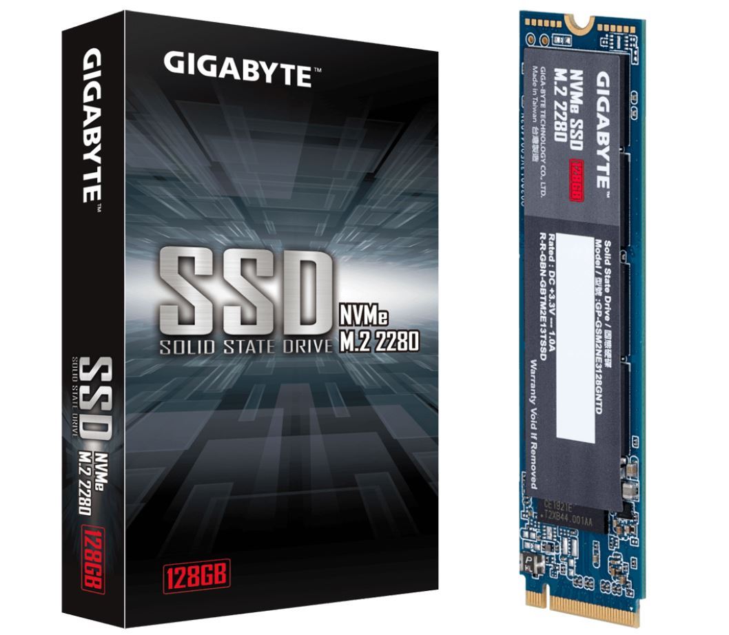 GIGABYTE M.2 PCIe NVMe SSD 128GB V2 with specifications and features highlighted.