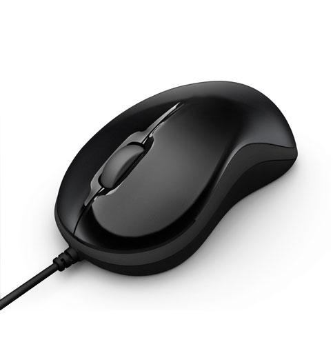 Gigabyte M5050 Curvy Optical Mouse in black with ergonomic design, showcasing its USB wired connection and contoured shape for comfort.