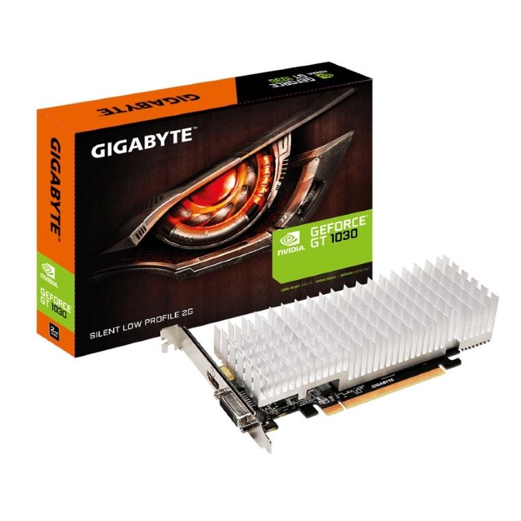 GIGABYTE nVidia GeForce GT 1030 2GB DDR5 Silent PCIe Graphic Card with low-profile design and passive cooling system.