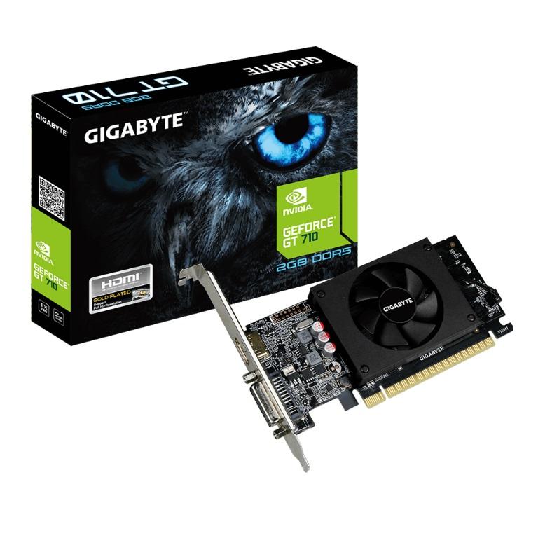 GIGABYTE nVidia Geforce GT 710 2GB DDR5 PCIe Graphic Card showcasing its low profile design and connectivity ports.