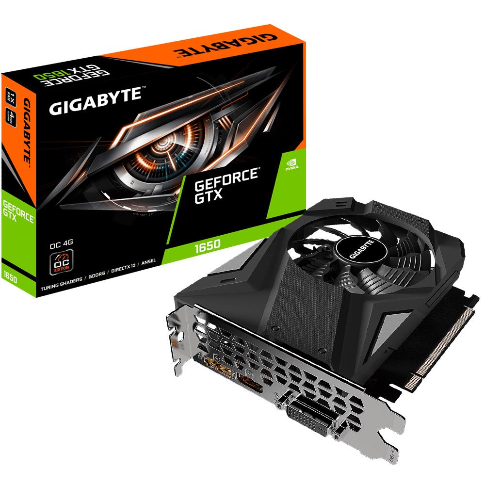 GIGABYTE nVidia GeForce GTX 1650 D6 OC 4G graphics card showcasing its compact design and cooling fan.