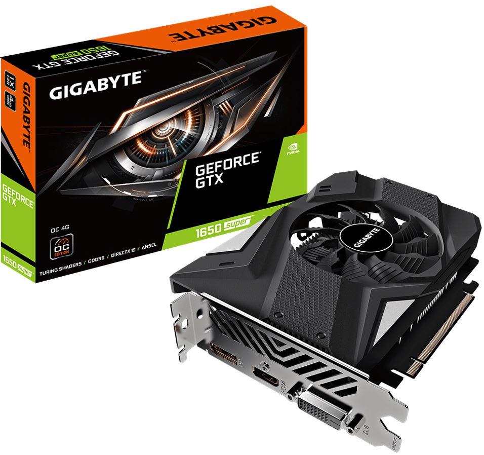 GIGABYTE nVidia GeForce GTX 1650 Super OC 4GB GDDR6 PCIe Graphic Card with dual fans and multiple output ports.