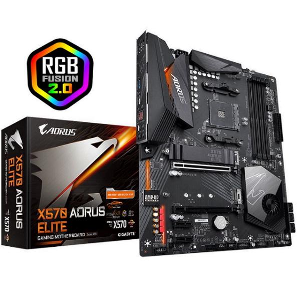 GIGABYTE X570 AORUS ELITE WIFI Ryzen AM4 ATX Motherboard with advanced features and RGB lighting.