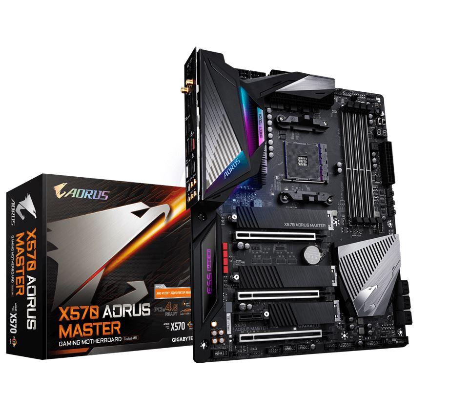 GIGABYTE X570 AORUS MASTER motherboard showcasing its ATX form factor, multiple PCIe slots, and advanced thermal design.