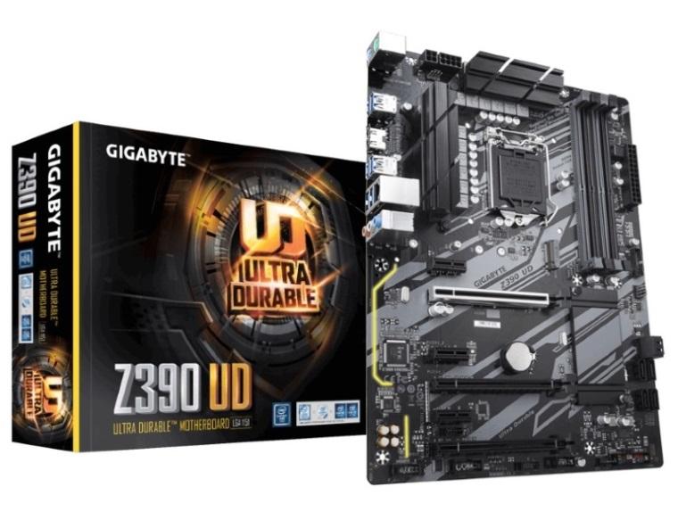 GIGABYTE Z390 UD LGA1151 motherboard showcasing its ATX form factor, multiple PCIe slots, and RGB lighting features.