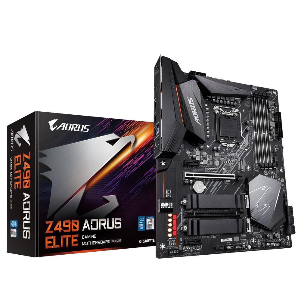 GIGABYTE Z490 AORUS ELITE Intel ATX Motherboard showcasing its advanced features and RGB lighting.