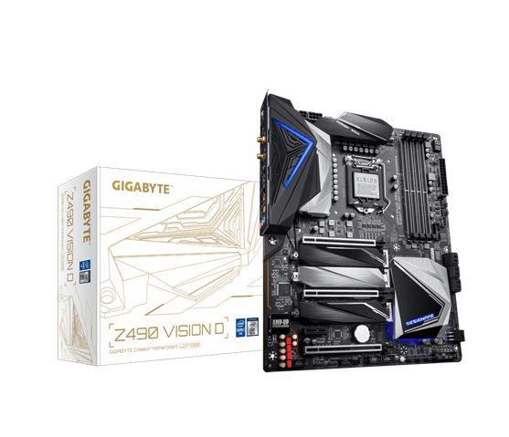 GIGABYTE Z490 VISION D Intel ATX Motherboard showcasing its advanced features and connectivity options.