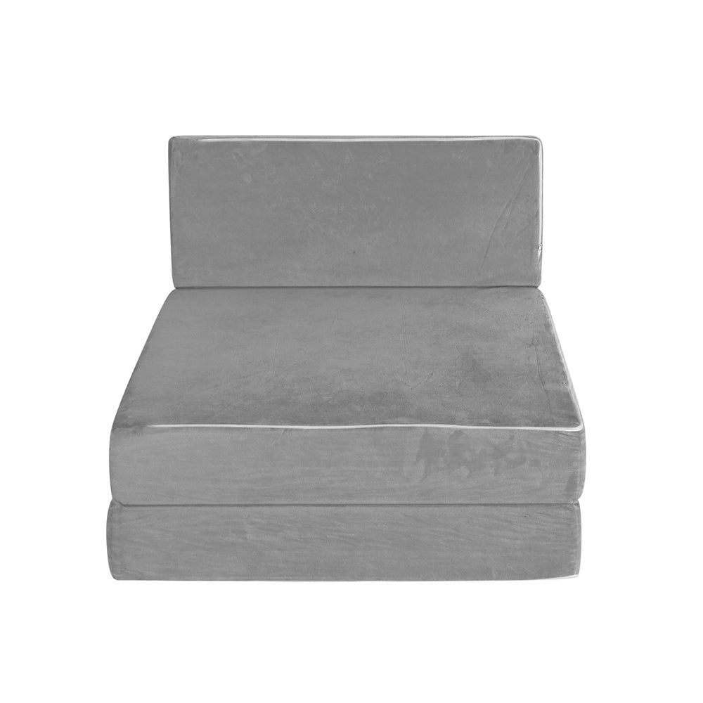 Giselle Bedding Folding Foam Mattress in light grey, showcasing its plush velvet fabric and foldable design.