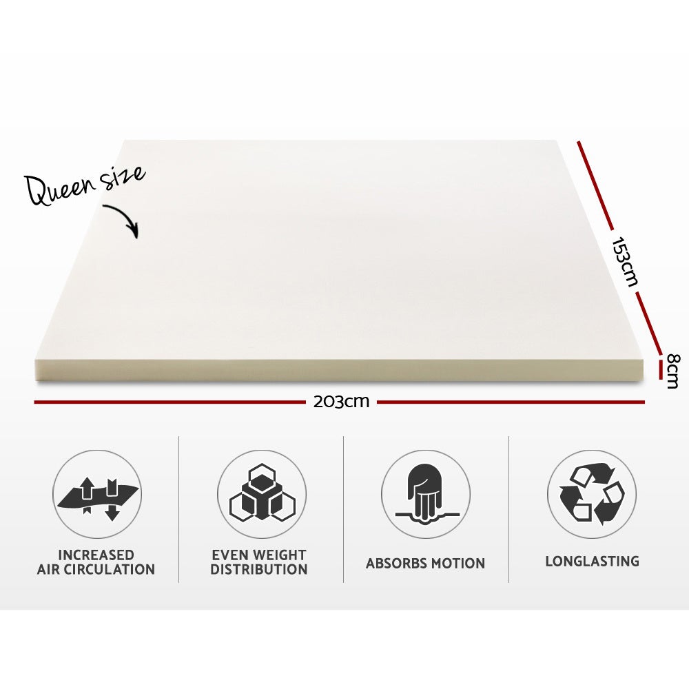 Giselle Bedding Memory Foam Mattress Topper with a luxurious 8cm thickness, featuring a removable jacquard cover, designed for ultimate comfort and support.