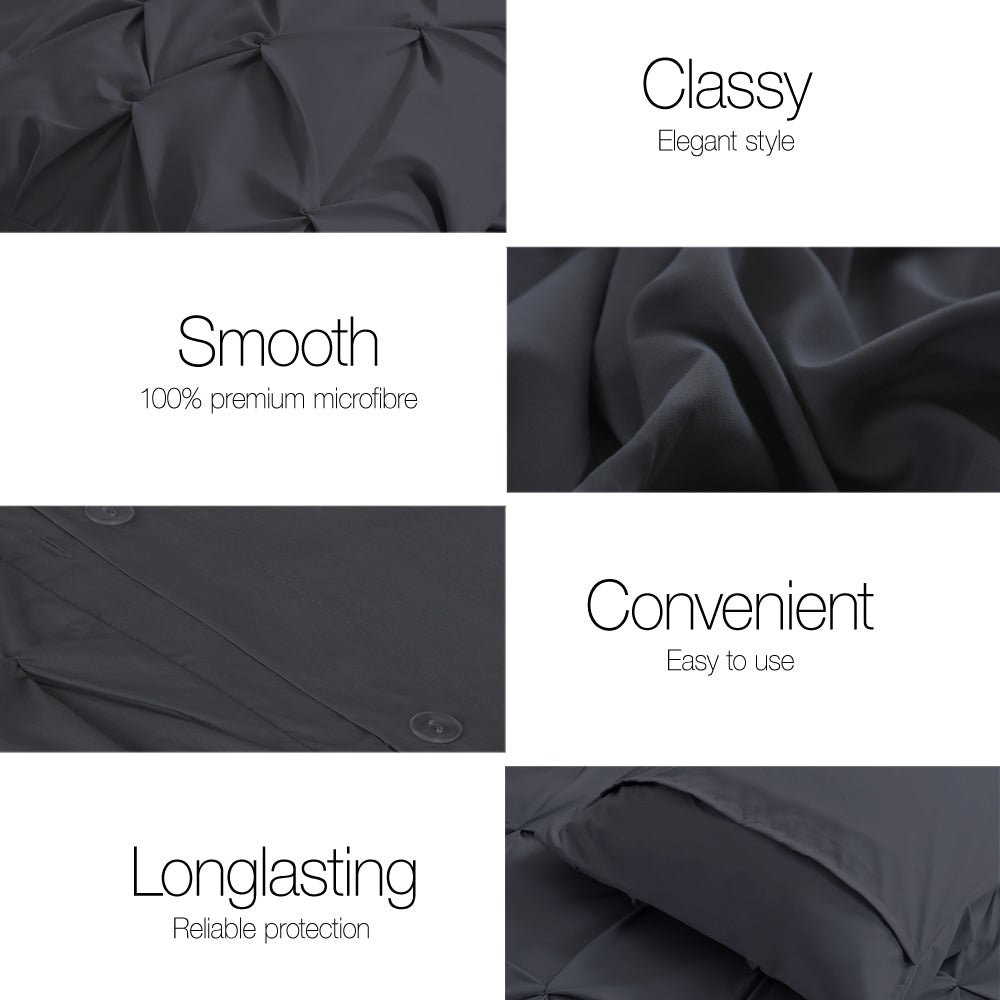 Giselle Bedding Super King Quilt Cover Set in Black with pinch pleated design and two matching pillowcases.