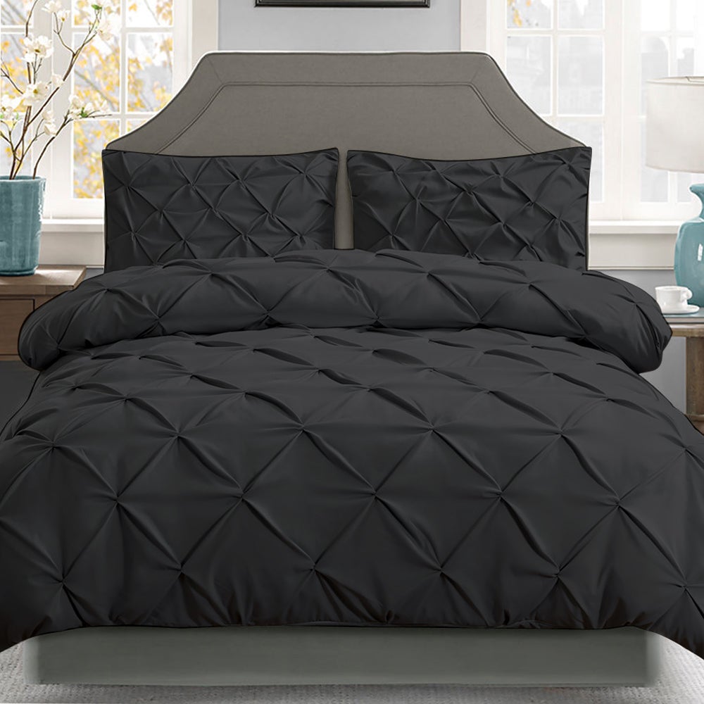 Giselle Bedding Super King Quilt Cover Set in Black with pinch pleated design and two matching pillowcases.