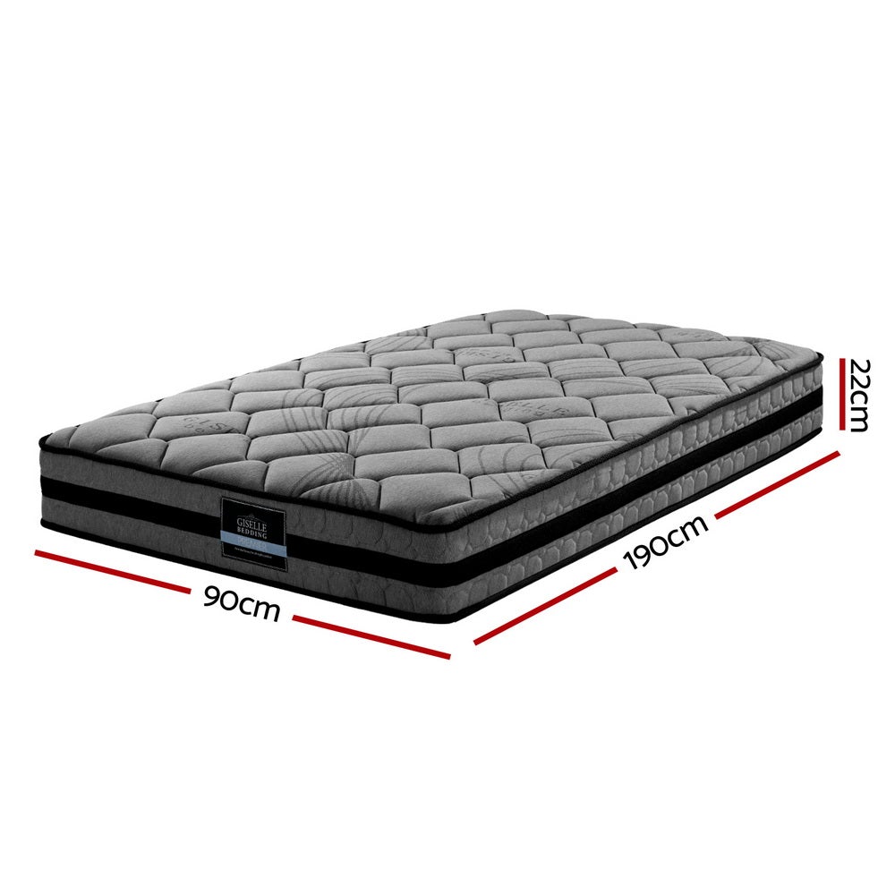 Giselle Bedding Wendell Pocket Spring Mattress, 22cm thick, single size, featuring soft Belgium knitted fabric and a grey and black design.