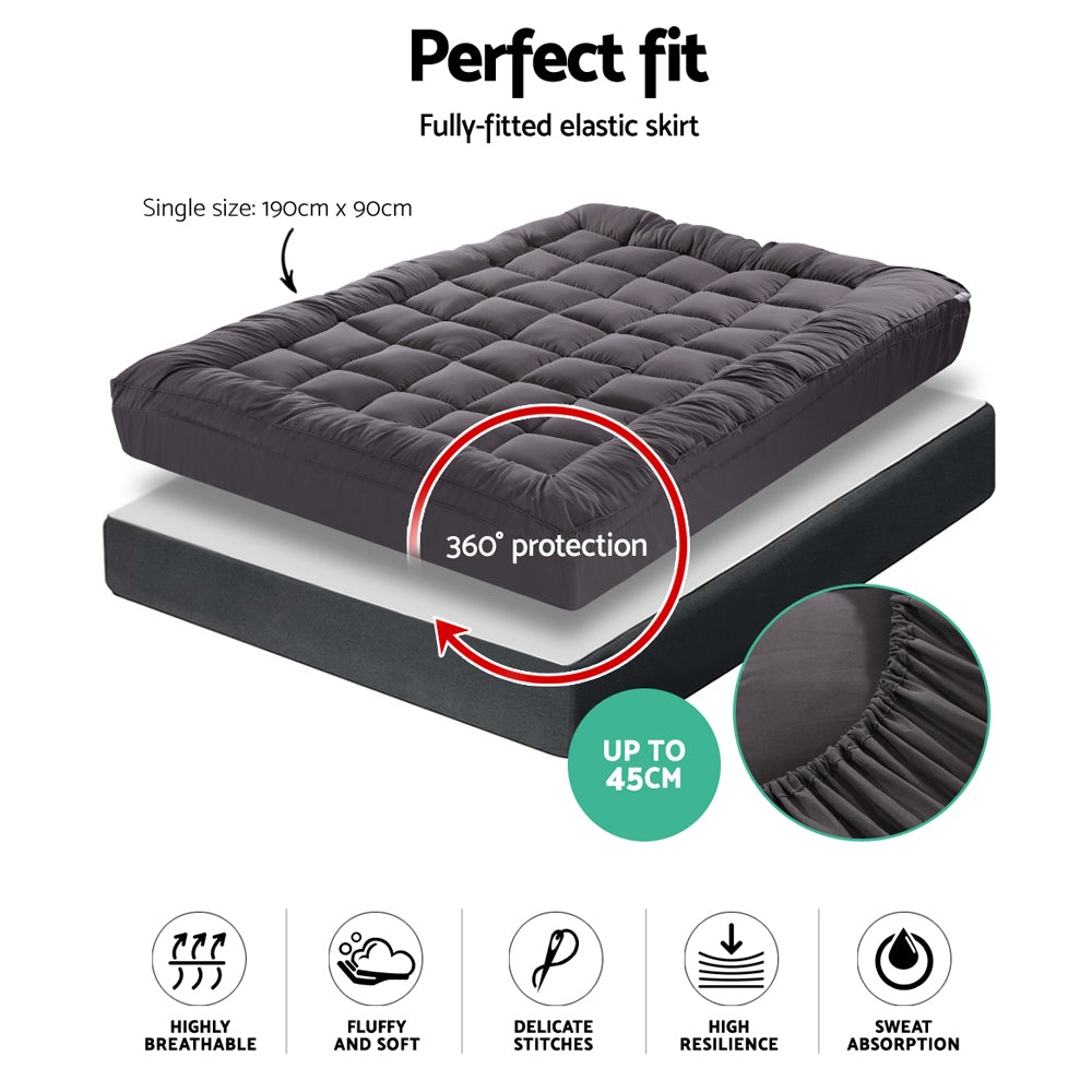 Giselle Single Mattress Topper Pillowtop made of 1000GSM charcoal microfibre, featuring diamond-pattern stitching and elastic skirt for secure fit.