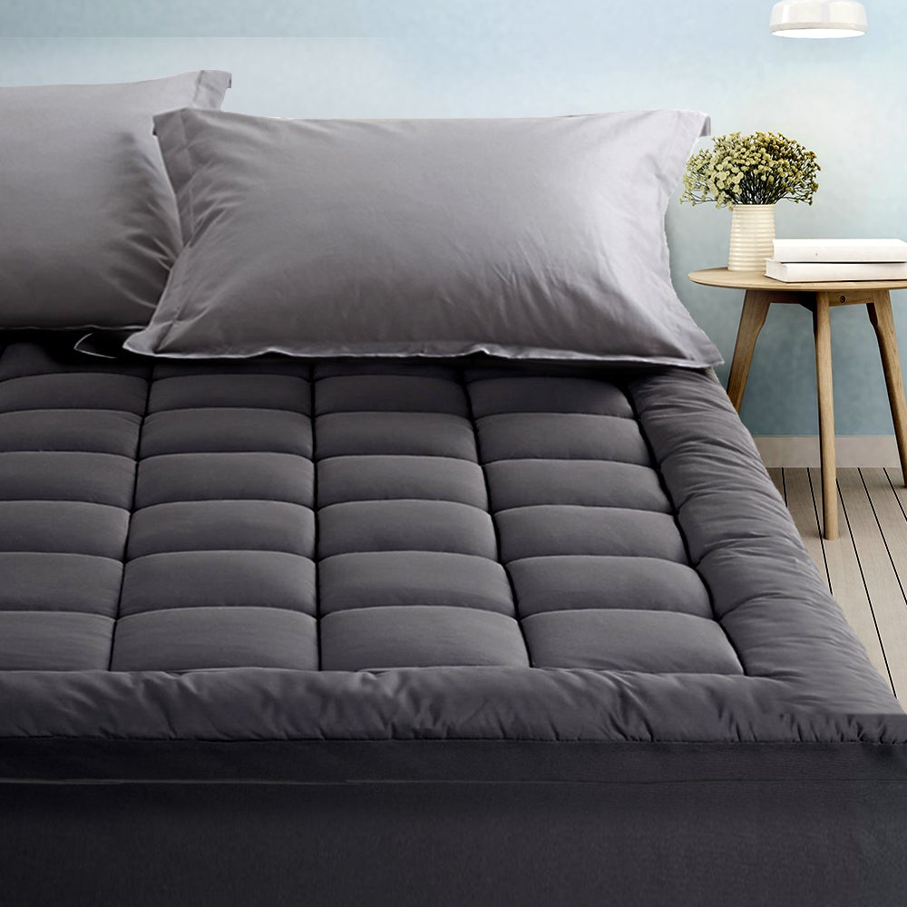 Giselle Single Mattress Topper Pillowtop made of 1000GSM charcoal microfibre, featuring diamond-pattern stitching and elastic skirt for secure fit.