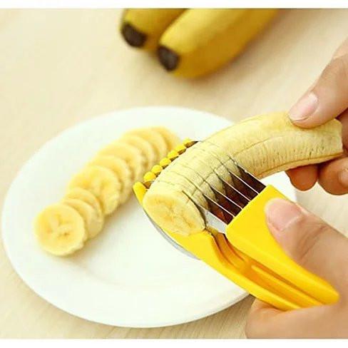 Go Bananas Bite Size Banana Slicer with stainless steel blades, designed for easy and fun banana slicing.