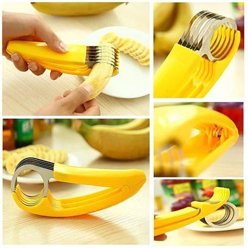 Go Bananas Bite Size Banana Slicer with stainless steel blades, designed for easy and fun banana slicing.