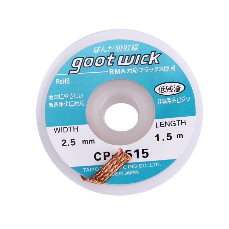 Goot Wick/Desoldering Wick 2515, 2.5mm width and 1.5m length, designed for efficient solder removal.