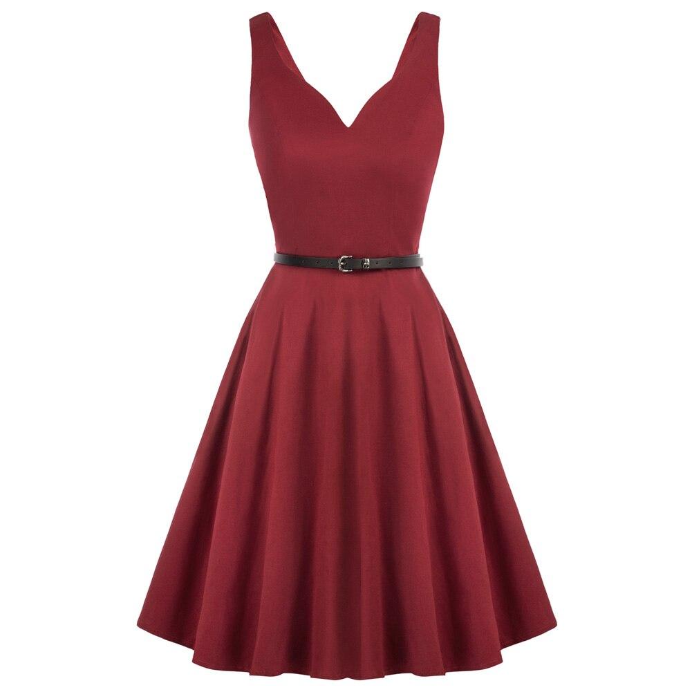 Grace Karin Women V-Neck Dress featuring a vintage belt, sleeveless design, and elegant A-line silhouette in a stylish summer look.