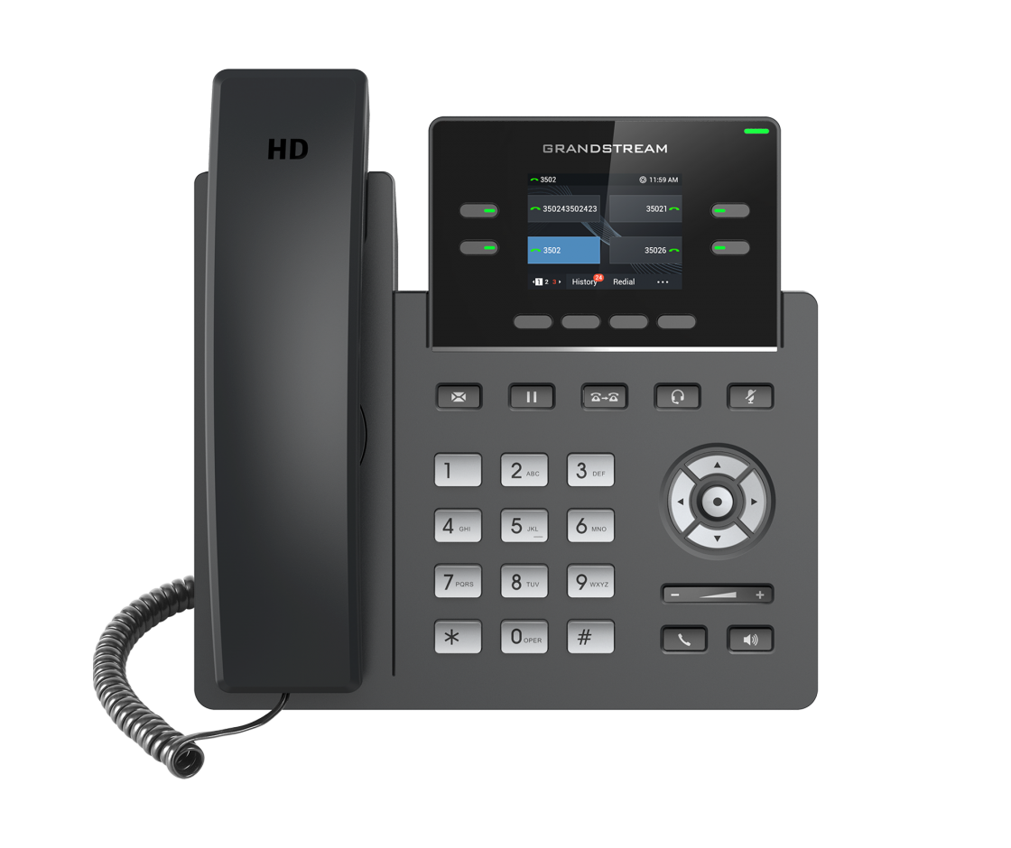 GRANDSTREAM GRP2612W 4-line IP phone with color LCD display and customizable faceplate, showcasing its sleek design and features.