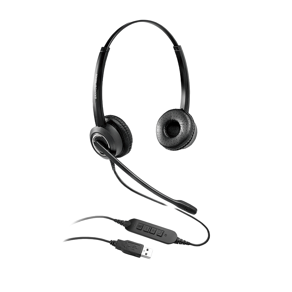 GRANDSTREAM GUV3000 Dual Ear USB Headset with noise-canceling microphone, featuring adjustable headband and in-line controls.