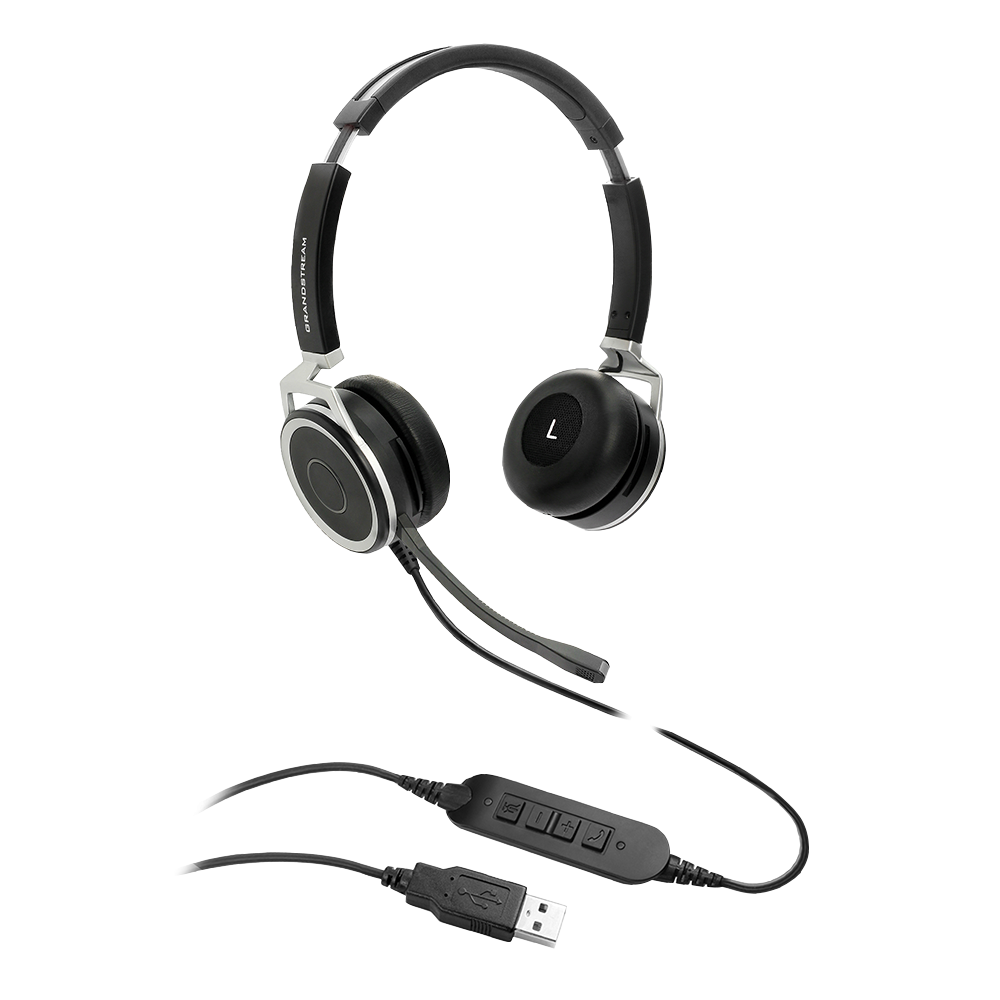 GRANDSTREAM GUV3005 Premium Dual Ear USB Headset with noise canceling mic and busy light, designed for clear communication.