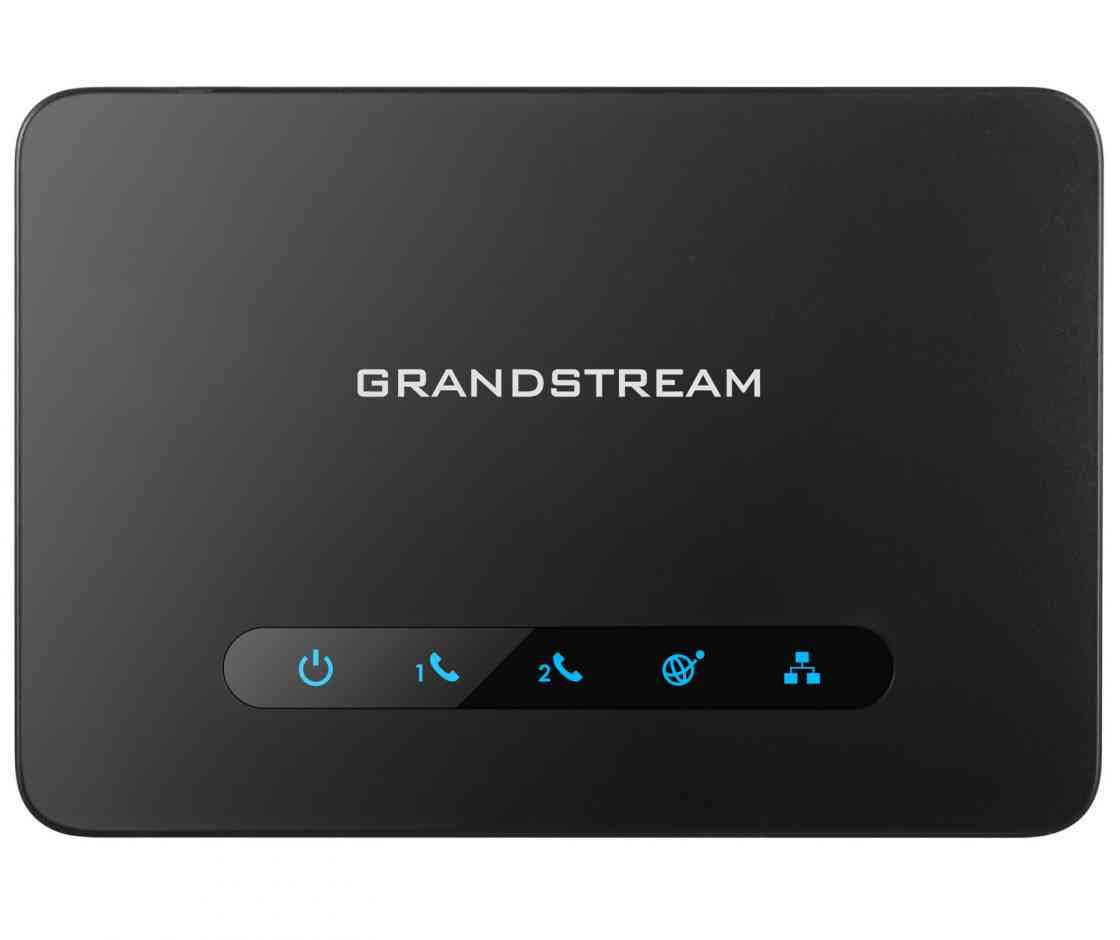 GRANDSTREAM HT812 FXS ATA with dual GbE network ports, showcasing its sleek design and advanced features for VoIP communication.