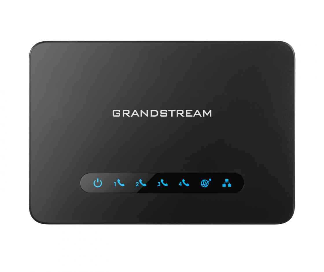 GRANDSTREAM HT814 FXS ATA VoIP Gateway with 4 ports and dual GbE network, showcasing its sleek design and advanced features.