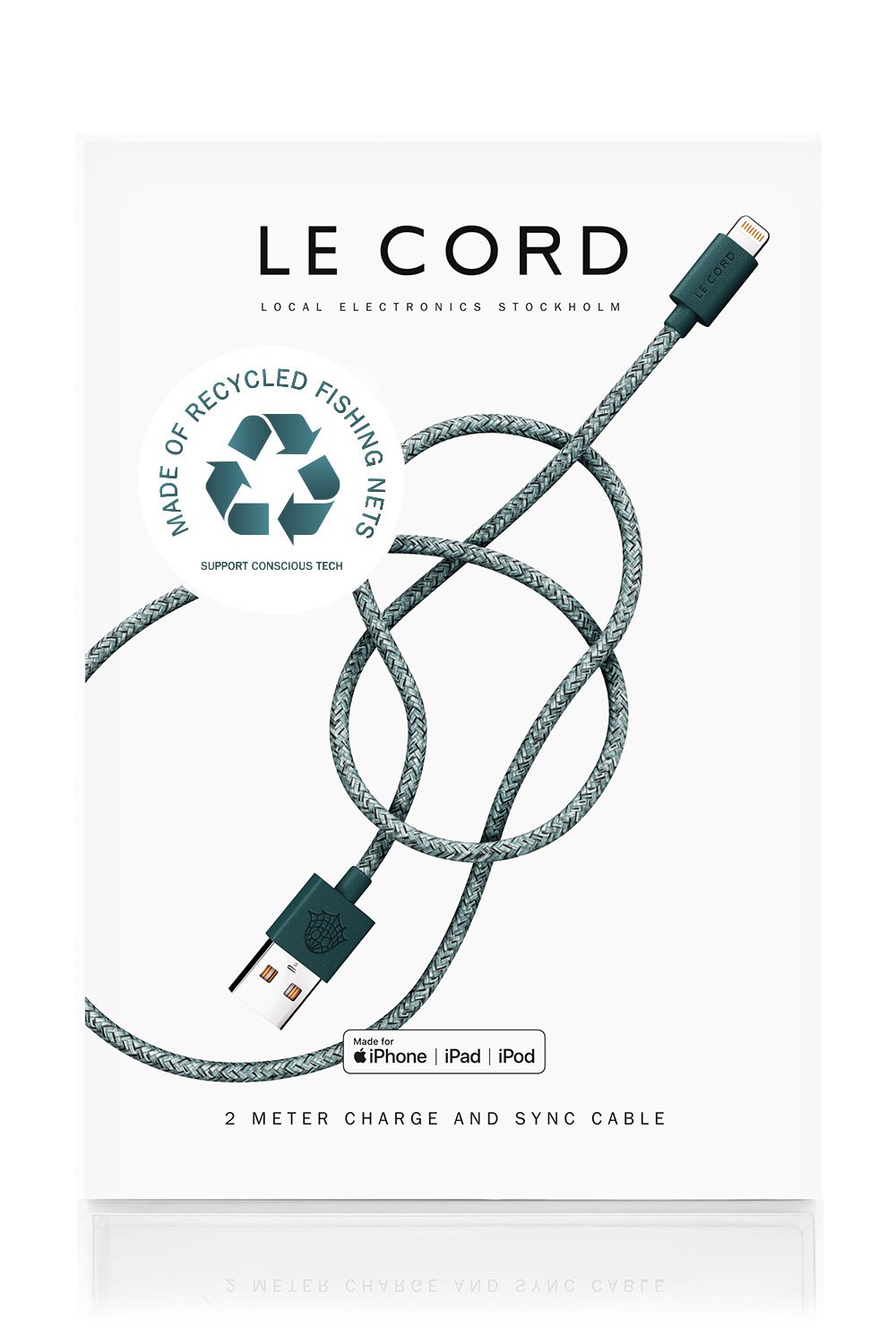 Green iPhone Lightning cable made from recycled fishing nets, featuring a braided textile sleeve and MFI certification.