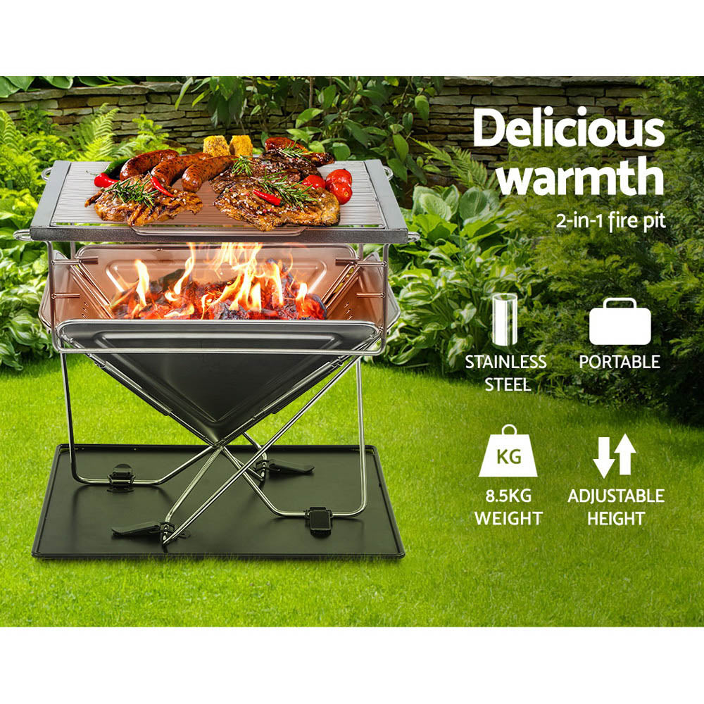 Grillz Portable Fire Pit BBQ made of stainless steel, featuring a height-adjustable grill rack and a carry bag, ideal for outdoor cooking.