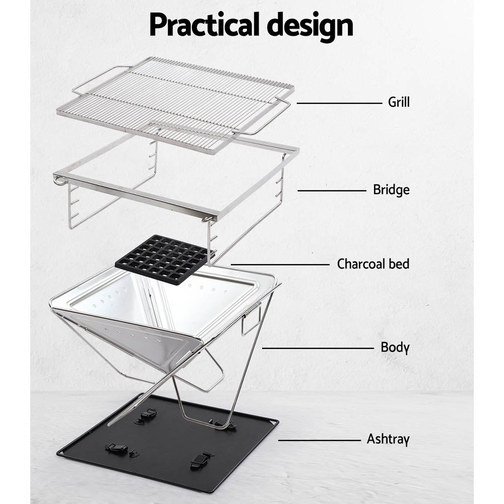 Grillz Portable Fire Pit BBQ made of stainless steel, featuring a height-adjustable grill rack and a carry bag, ideal for outdoor cooking.