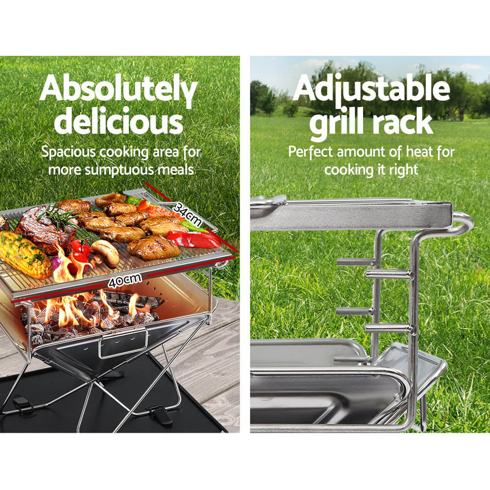 Grillz Portable Fire Pit BBQ made of stainless steel, featuring a height-adjustable grill rack and a carry bag, ideal for outdoor cooking.